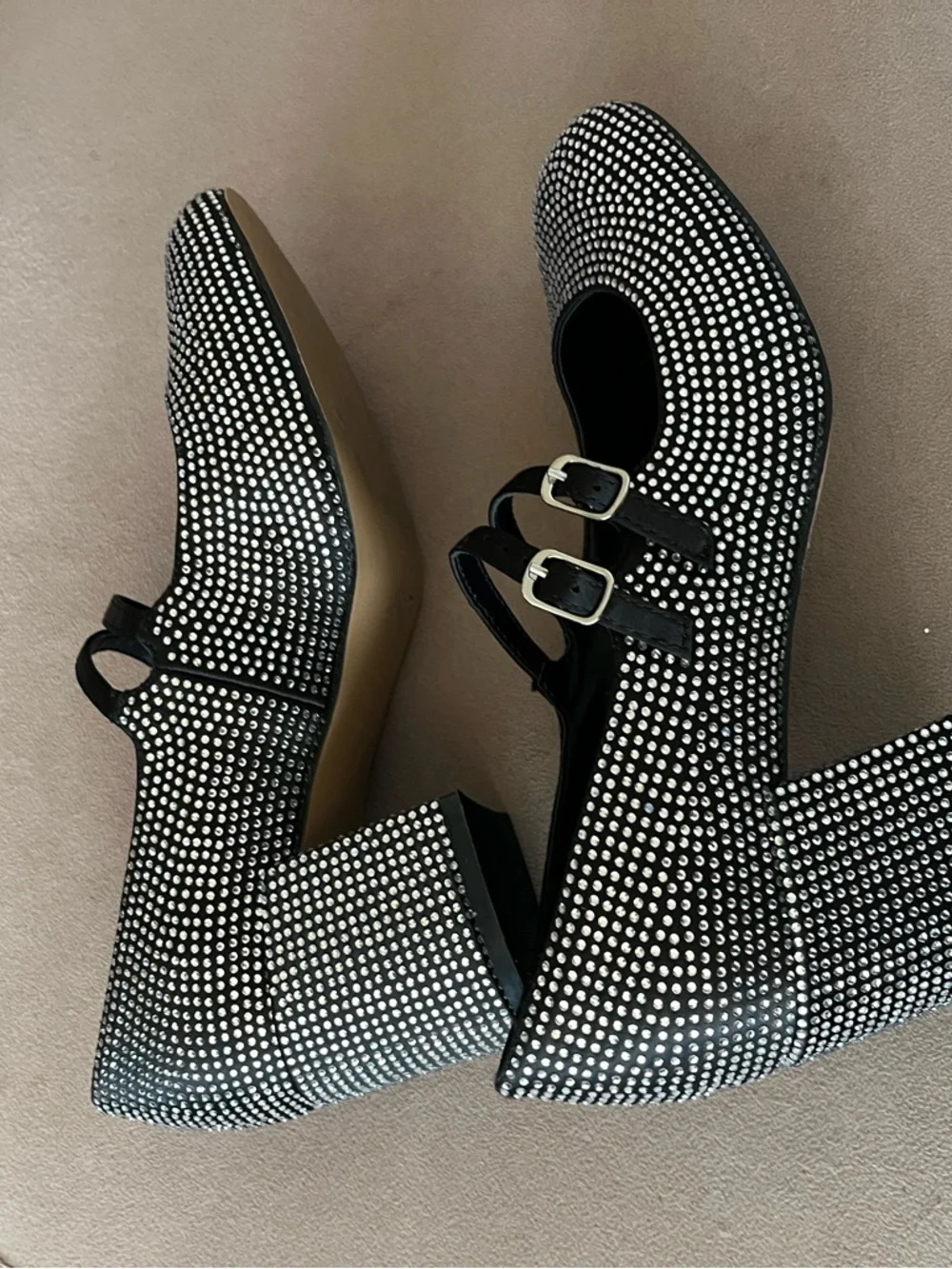 Call It Spring Black Rhinestone Double-Strap Block Heels - Picture 4 of 6